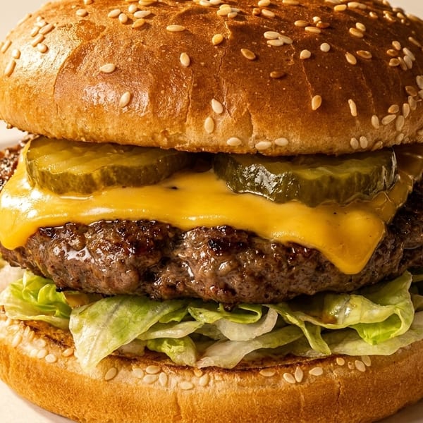Close-up of a cheeseburger with lettuce, melted cheese, pickles, and a sesame seed bun on a plate.