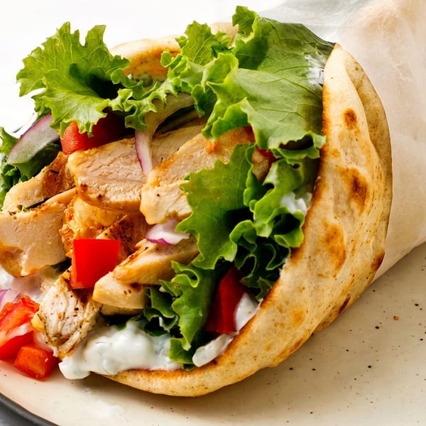 Grilled chicken pita wrap with fresh lettuce, tomatoes, red onion, and creamy sauce on a plate.