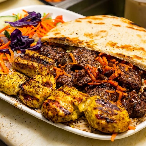 Grilled chicken and beef with rice, fresh salad, and flatbread on a white plate.